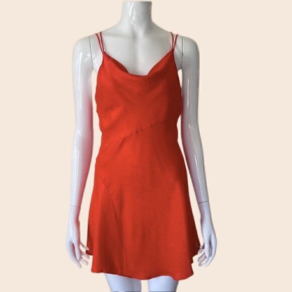 Zara Bright Orange Satin Effect Double Strap Cowl Neck Mini Dress Size Small - Picture 1 of 11